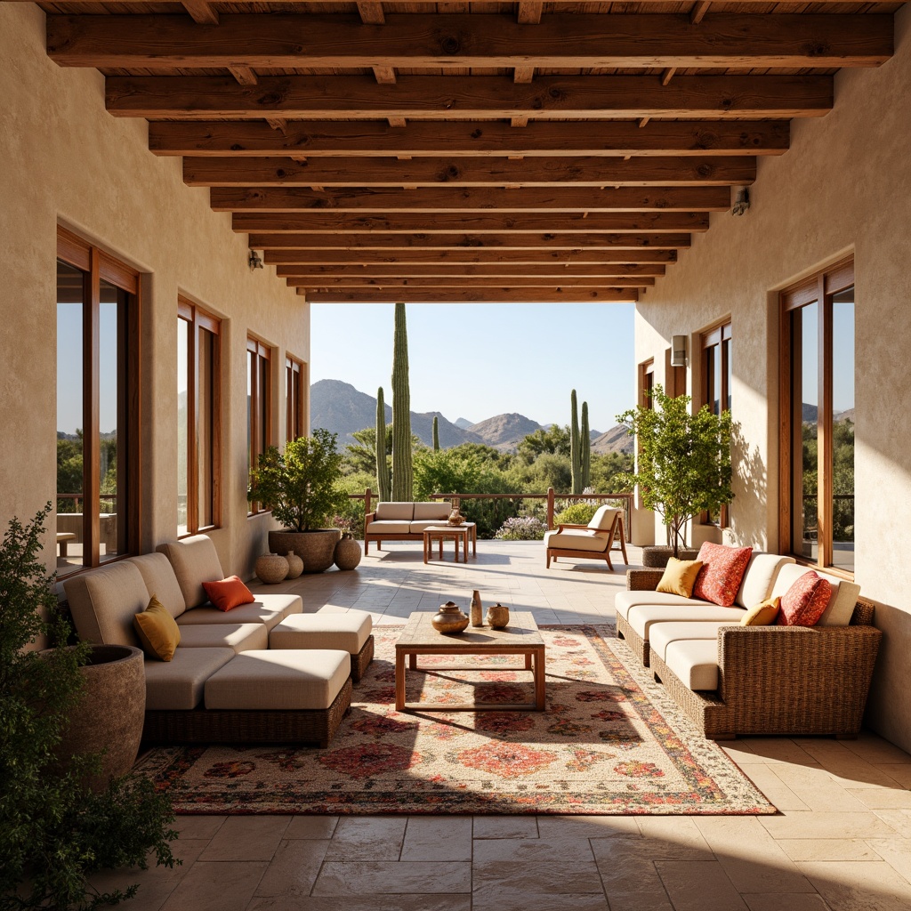 Prompt: Southwestern open floor plan, natural stone flooring, earthy tones, wooden beams, high ceilings, large windows, sliding glass doors, desert landscape views, cactus plants, warm sunny day, soft warm lighting, 3/4 composition, panoramic view, realistic textures, ambient occlusion, cozy nooks, comfortable furniture, vibrant colorful textiles, geometric patterns, Spanish-inspired architecture, stucco walls, clay roof tiles.