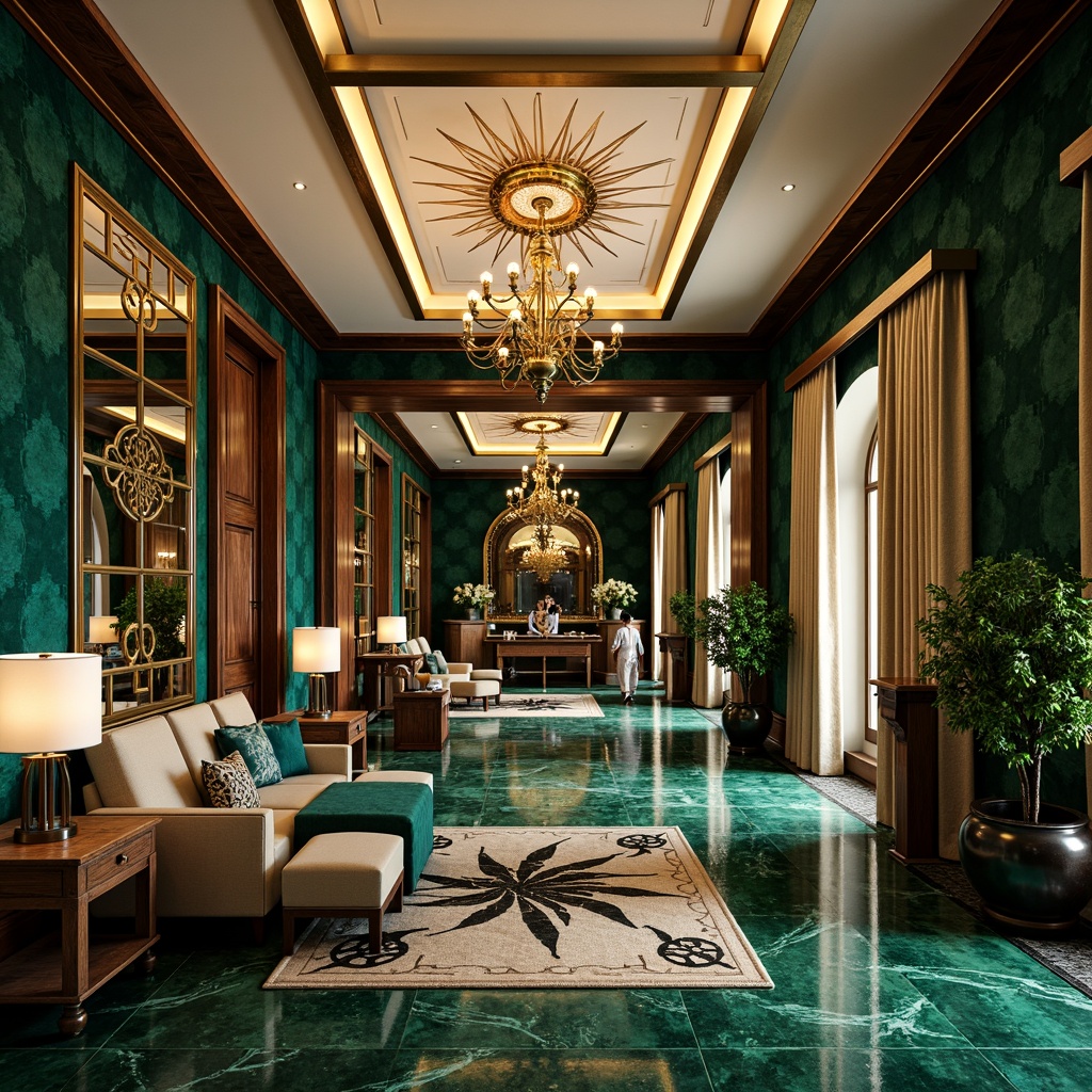 Prompt: Luxurious Art Deco interior, metallic accents, glamorous chandeliers, geometric patterns, rich jewel-toned walls, emerald green marble floors, velvet drapes, ornate gold fixtures, lavish furnishings, opulent textiles, sunburst motifs, bold black outlines, vibrant turquoise accents, sophisticated cream colors, warm bronze tones, dramatic lighting effects, high-contrast color palette, ornate mirrors, luxurious rugs, vintage-inspired decor, extravagant embellishments.