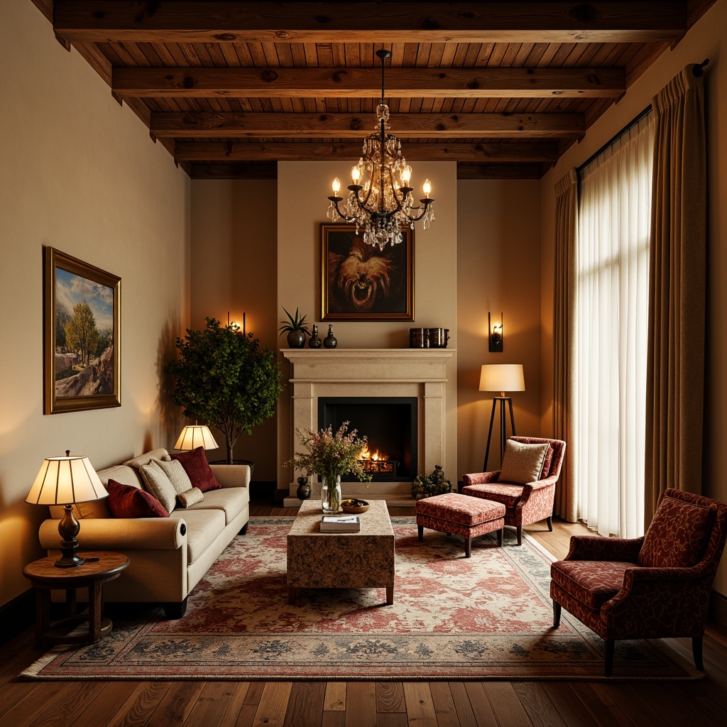 Prompt: Cozy traditional living room, warm beige walls, rich wooden furniture, ornate patterns, soft velvet fabrics, elegant chandeliers, table lamps, floor lamps, warm golden lighting, dimmable LED lights, crystal pendant lights, classic lamp shades, vintage metal fixtures, rustic wooden beams, comfortable seating areas, plush area rugs, luxurious curtains, dramatic drapery, morning sunlight, afternoon warmth, evening ambiance, soft shadows, 1/2 composition, warm color palette, realistic textures.