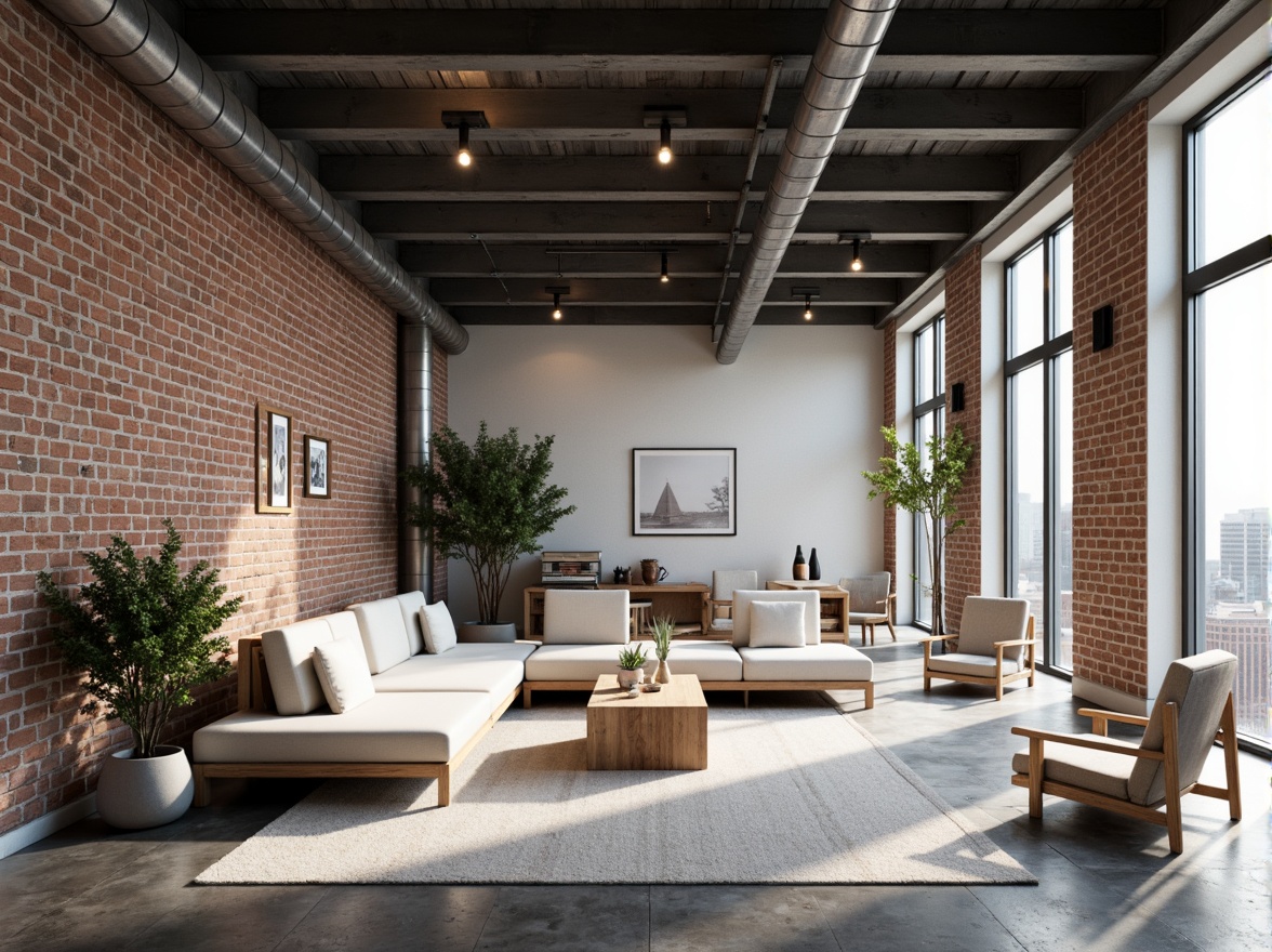 Prompt: Exposed brick walls, metal beams, industrial lighting fixtures, polished concrete floors, minimalist furniture, monochromatic color scheme, raw wood accents, geometric patterns, functional decor, urban loft atmosphere, natural light pouring through large windows, airy open spaces, simplicity and cleanliness, modern industrial aesthetic, subtle textures, 3/4 composition, shallow depth of field, realistic renderings.