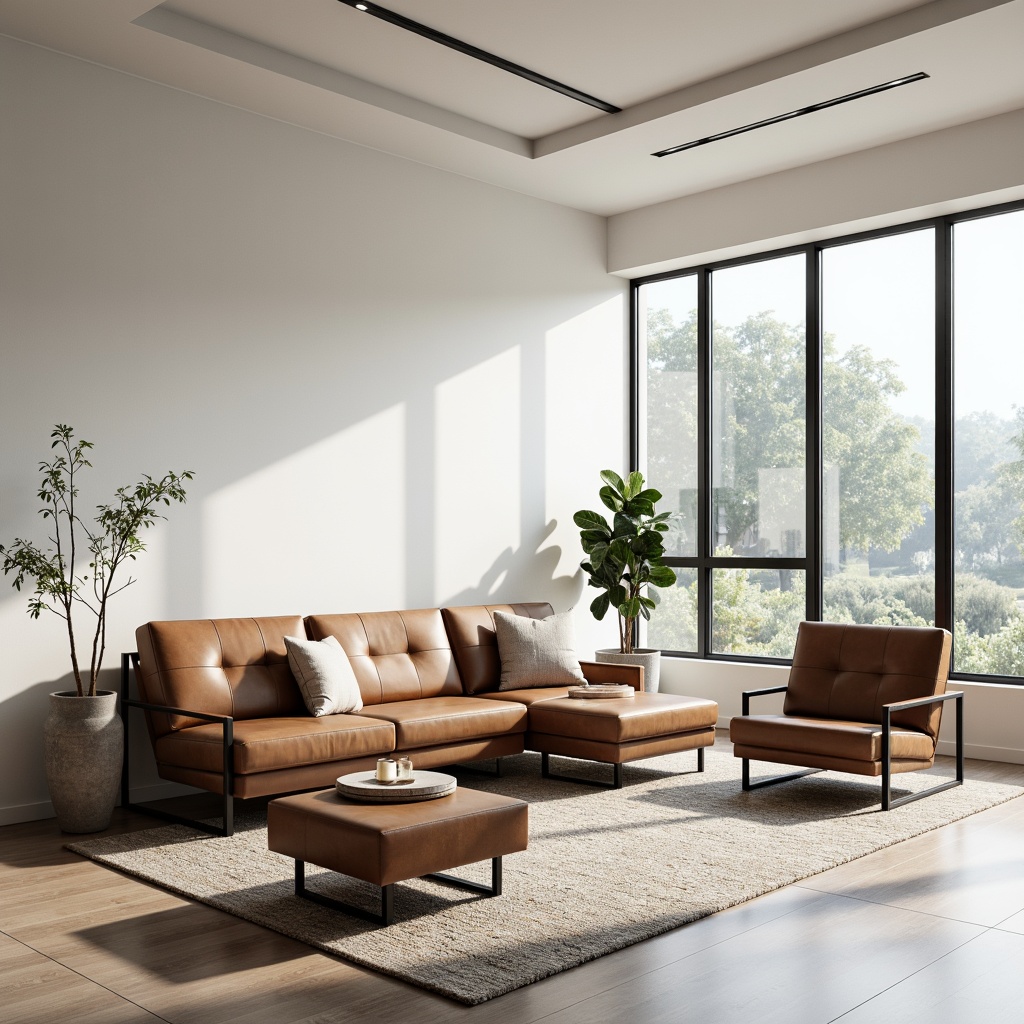 Prompt: Minimalist living room, functional furniture, geometric shapes, tubular steel frames, leather upholstery, industrial materials, neutral color palette, natural light, large windows, open floor plan, rational design, simplicity and clarity, clean lines, rectangular forms, functional decor, decorative minimalism, 1/1 composition, softbox lighting, subtle shadows, ambient occlusion.