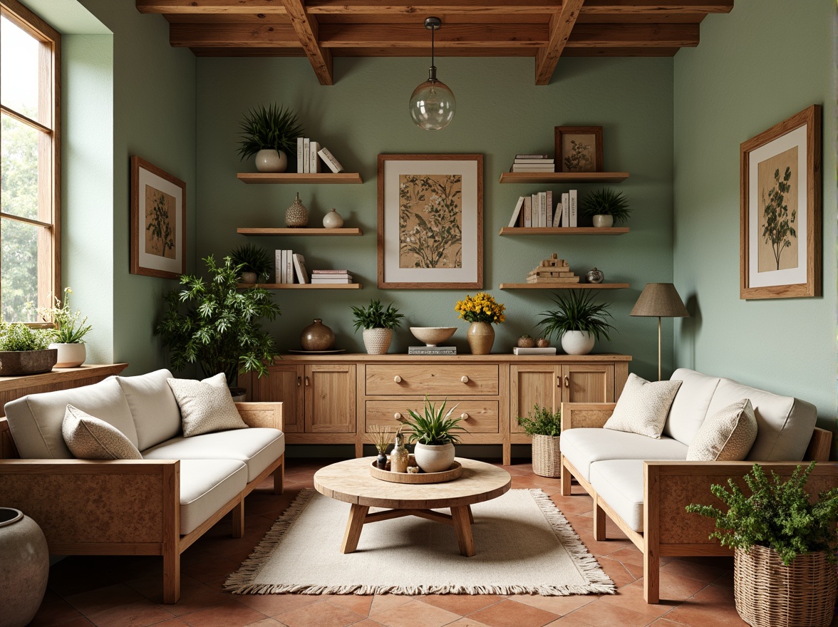 Prompt: Soft mint walls, warm cork accents, natural wooden furniture, earthy terracotta floors, rustic metal decorations, lush greenery, vibrant wildflowers, soft creamy textiles, woven baskets, distressed wood shelves, cozy reading nooks, warm candlelight, shallow depth of field, 1/1 composition, intimate atmosphere, realistic textures, ambient occlusion.