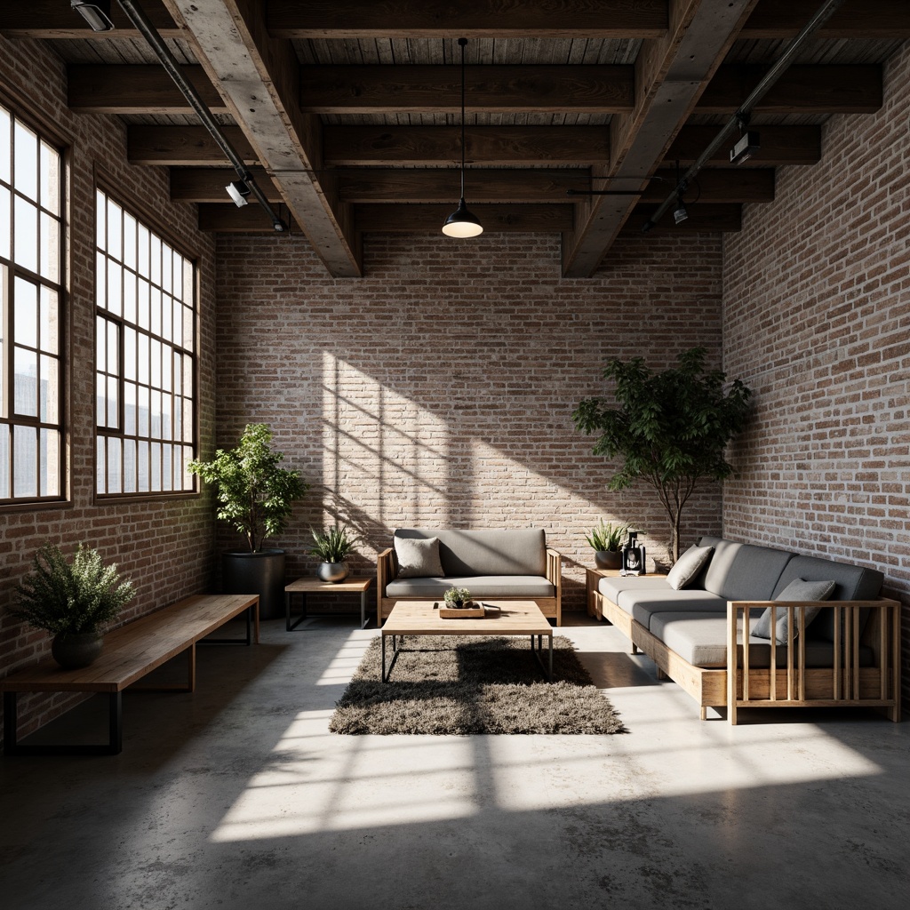 Prompt: Exposed brick walls, polished concrete floors, industrial steel beams, minimal ornamentation, functional lighting fixtures, reclaimed wood accents, sleek metal furniture, monochromatic color scheme, urban loft atmosphere, open floor plan, high ceilings, natural light pouring in, subtle textures, distressed finishes, industrial-chic decor, modern minimalist aesthetic, sparse greenery, metallic tones, brutalist architecture, atmospheric shadows, dramatic spotlights, 3/4 composition, shallow depth of field.