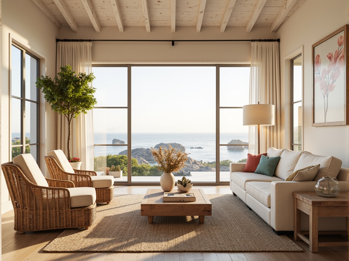 Prompt: Coastal-themed living room, soft warm lighting, natural sea breeze, large windows, ocean views, light beige walls, driftwood furniture, woven rattan chairs, jute rugs, coral-inspired decorative accents, glass pendant lights, nautical rope details, whitewashed wood ceiling, minimal ornamentation, airy atmosphere, subtle color palette, calming ambiance, 1/2 composition, warm glow, soft shadows, realistic textures.