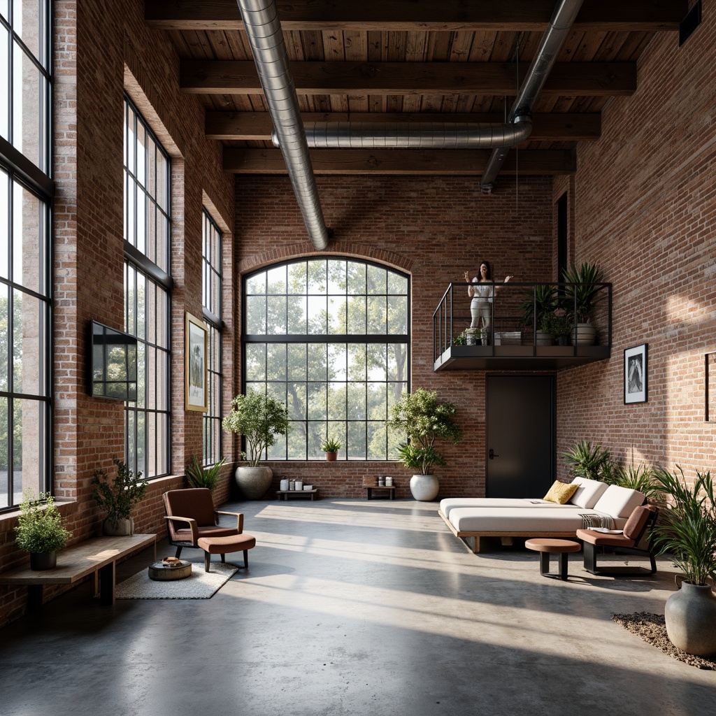 Prompt: Exposed brick walls, metal beams, reclaimed wood accents, polished concrete floors, industrial-style lighting fixtures, sleek metal furniture, minimalist decor, sparse greenery, natural textiles, monochromatic color schemes, abundant natural light, airy open spaces, functional simplicity, urban loft atmosphere, distressed finishes, vintage decorative elements, subtle patterns, neutral tones, 1/1 composition, high contrast ratio, dramatic shadows, realistic materials.