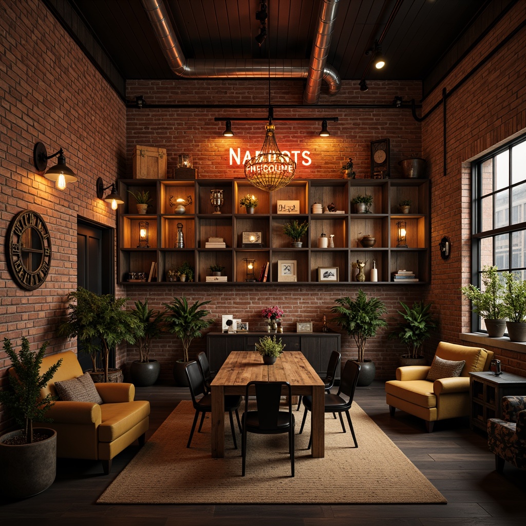 Prompt: Exposed brick walls, distressed wooden crates, industrial metal shelves, eclectic postmodern decor, vintage furniture pieces, ornate chandeliers, neon sign accents, track lighting systems, pendant lamps, metal sconces, Edison bulbs, warm golden lighting, moody atmospheric shadows, shallow depth of field, 1/1 composition, realistic textures, ambient occlusion.