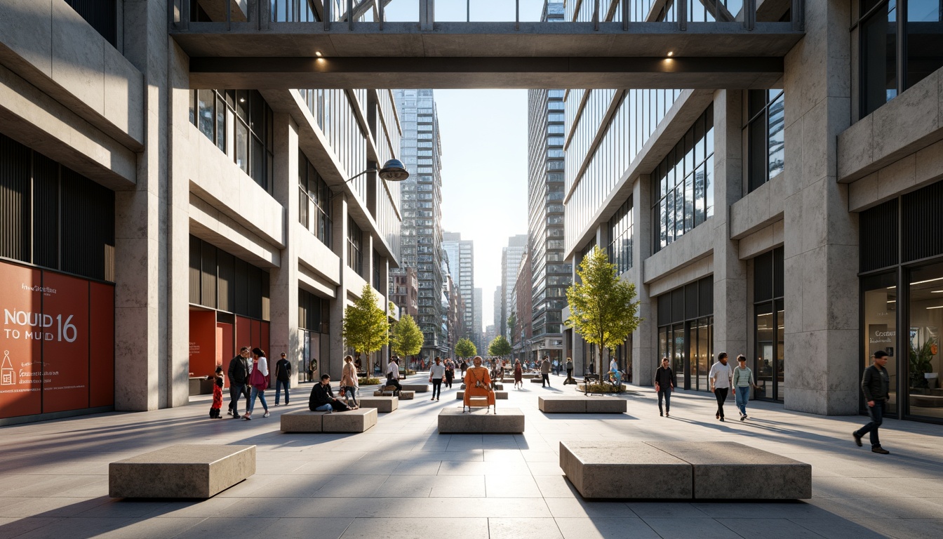 Prompt: Minimalist open plaza, industrial materials, bold typography, functional sculptures, abstract art pieces, geometric shapes, primary color scheme, steel beams, concrete floors, large windows, natural light, urban landscape, modern cityscape, busy streets, contemporary architecture, clean lines, minimal ornamentation, functional design, innovative use of materials, 1/1 composition, high contrast lighting, dramatic shadows, realistic textures.