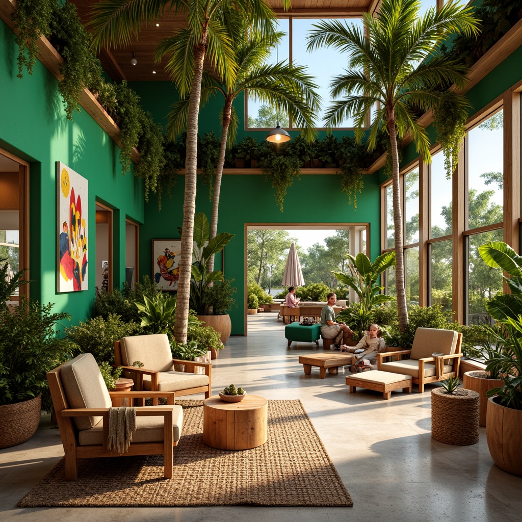 Prompt: Vibrant tropical youth center, lush green walls, exotic plants, rattan furniture, colorful lanterns, natural wood accents, woven textiles, nautical ropes, ocean-inspired artwork, surfboard decorations, beachy vibes, relaxed atmosphere, cozy nooks, comfortable seating areas, informal gathering spaces, playful lighting fixtures, warm color scheme, wicker chairs, reclaimed wood tables, hammocks, tropical flowers, palm trees, sunny days, soft breezy air, natural ventilation, open layout, functional zones, 3/4 composition, shallow depth of field, realistic textures.