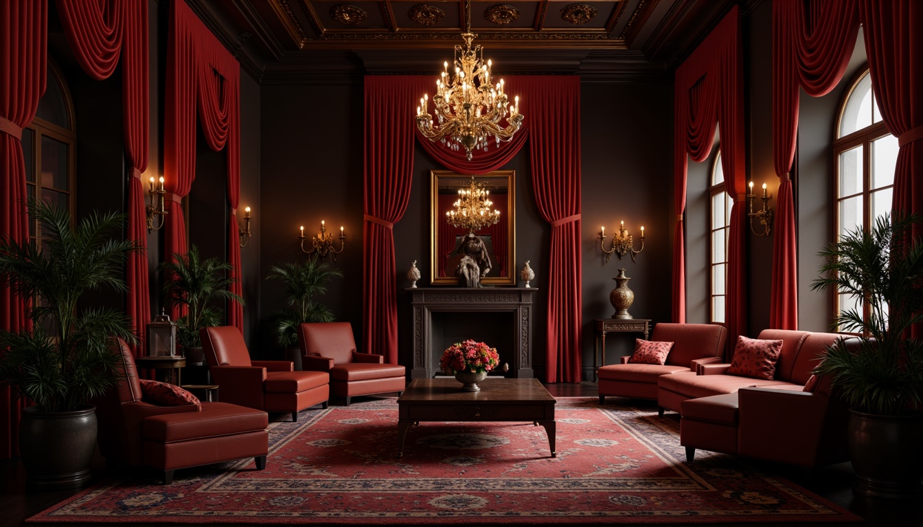 Prompt: Rich velvet drapes, dark wood paneling, mysterious ambiance, luxurious furnishings, ornate metal fixtures, low-lit chandeliers, sophisticated color palette, bold geometric patterns, lavish textiles, mysterious shadows, dramatic lighting effects, cinematic composition, 1/1 aspect ratio, high contrast ratios, moody atmosphere, intimate setting.