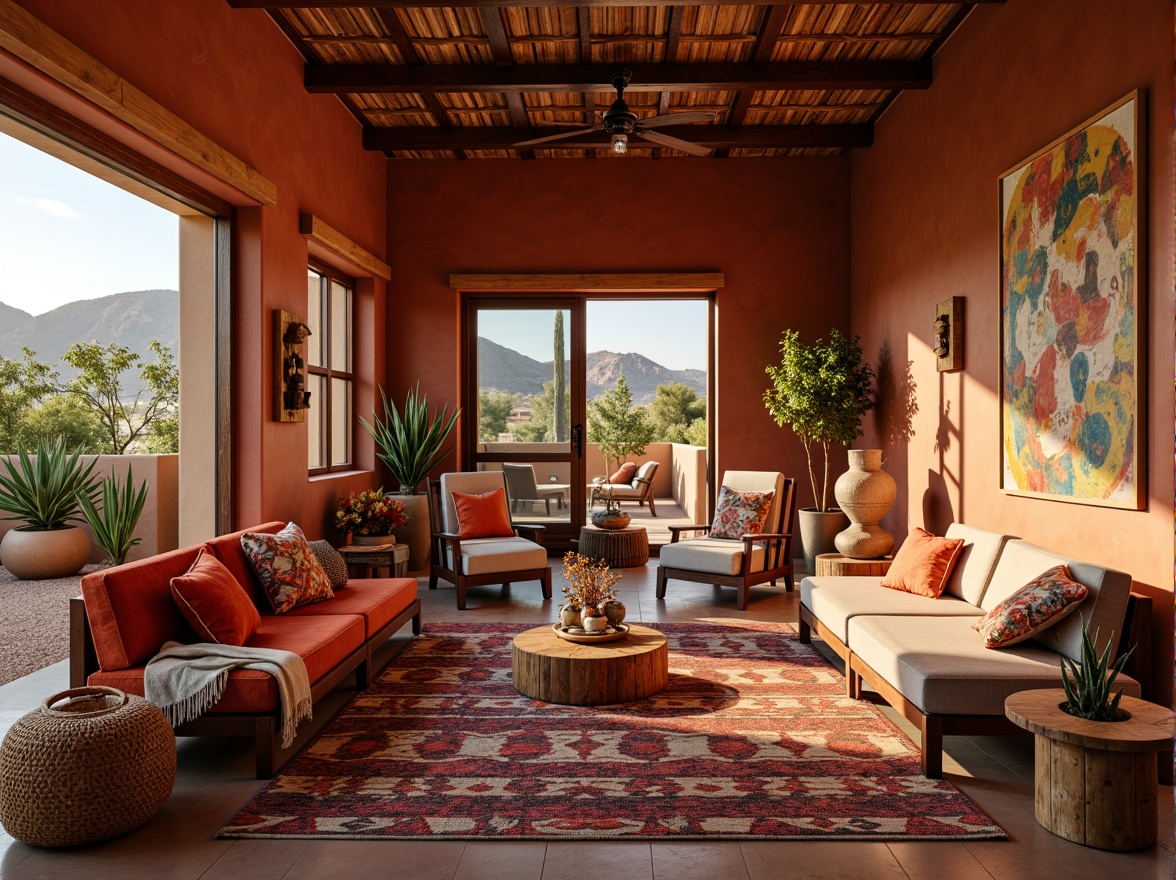 Prompt: Vibrant southwestern interior, earthy terracotta walls, rustic wooden accents, colorful woven textiles, geometric patterned rugs, plush velvet sofas, natural fiber upholstery, chunky wooden furniture, distressed leather armchairs, warm golden lighting, soft cozy atmosphere, tribal-inspired prints, Aztec-motif throw pillows, cactus-green plants, desert landscape views, large windows, sliding glass doors, rustic metal decorations, earth-toned ceramics, woven baskets, eclectic vintage decor, global-inspired accessories, sunny afternoon, shallow depth of field, 3/4 composition.