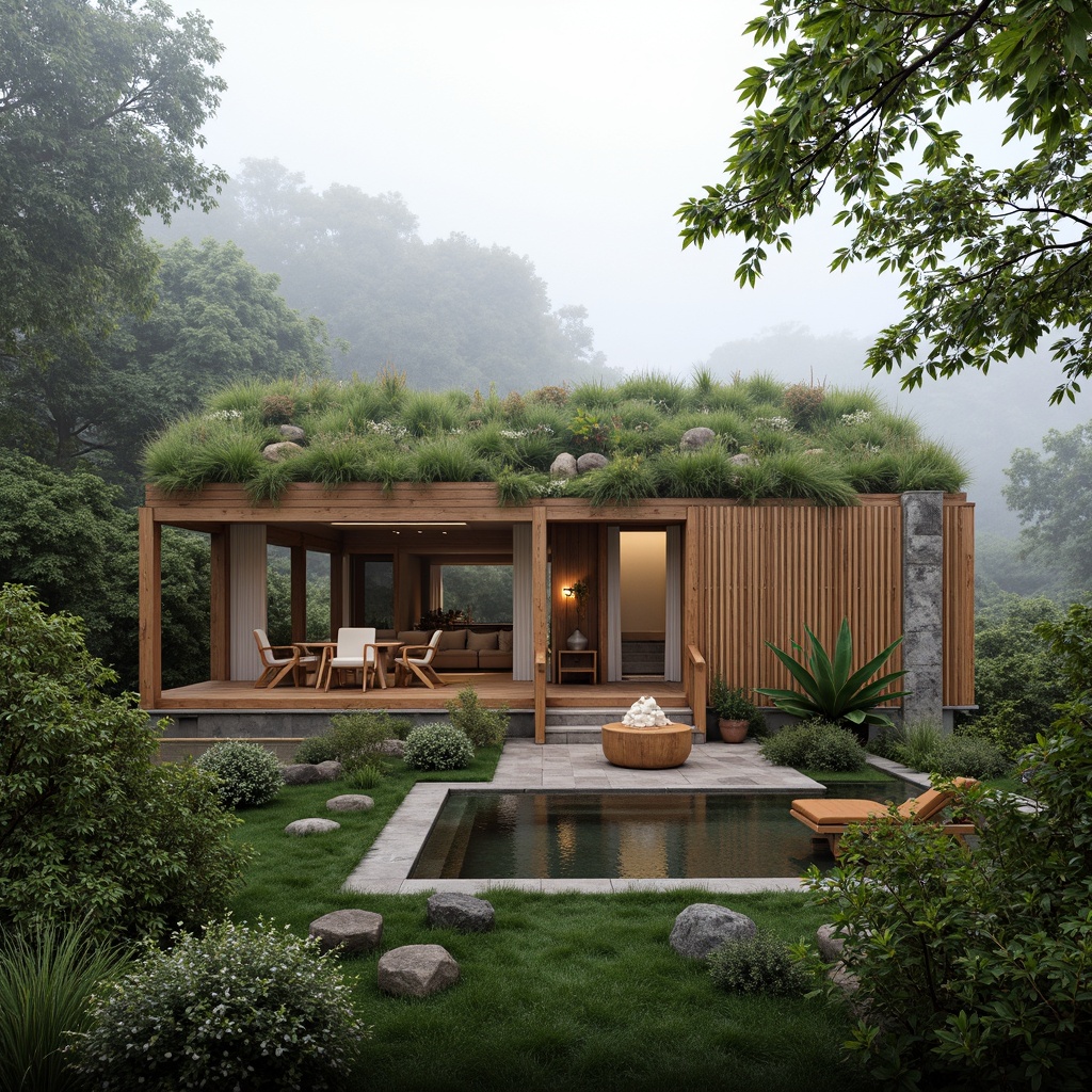 Prompt: Eco-friendly villa, reclaimed wood facades, living green roofs, solar panels, wind turbines, rainwater harvesting systems, natural stone walls, bamboo flooring, recycled glass windows, minimalist interior design, organic textiles, woven rattan furniture, earthy color palette, warm soft lighting, shallow depth of field, 1/1 composition, serene forest surroundings, misty morning atmosphere.