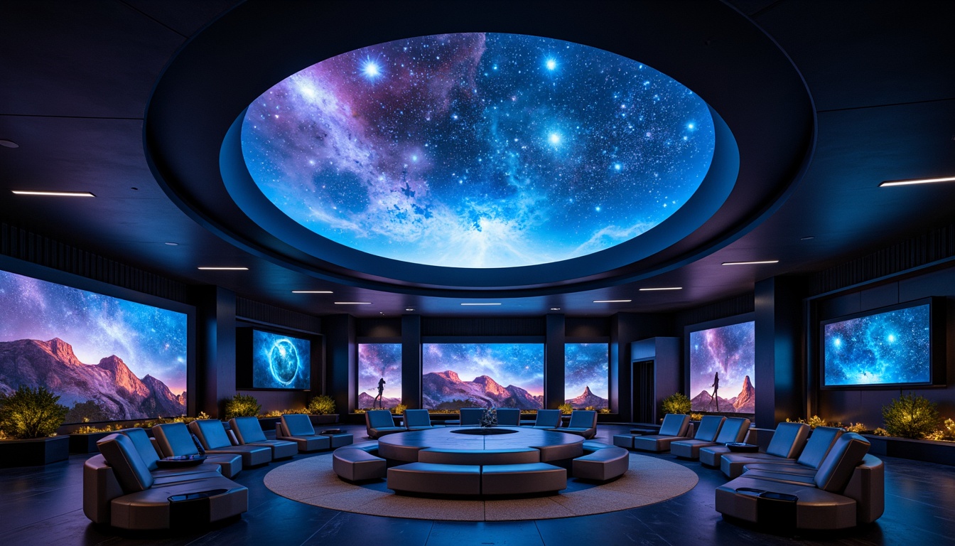 Prompt: Cosmic planetarium interior, dark blue ceiling, twinkling star lights, nebula-inspired color scheme, futuristic ambiance, soft warm glow, LED lighting systems, fiber optic stars, constellation patterns, 3D projection mapping, immersive experience, spherical screens, surround sound systems, comfortable seating areas, metallic accents, sleek modern furniture, minimalist decor, subtle ambient illumination, gradual dimming effects, starry night sky simulation.