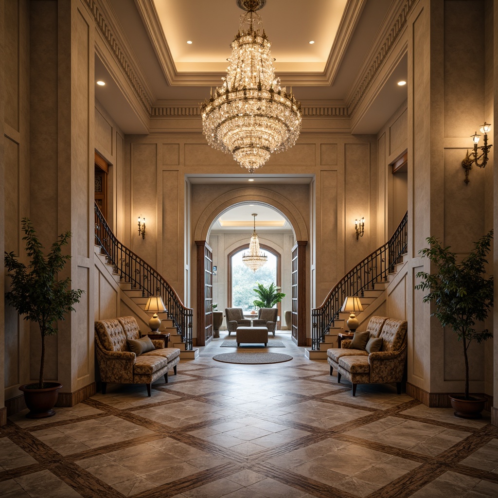 Prompt: Elegant entrance hall, high ceilings, chandelier lighting, marble flooring, luxurious carpets, wooden floorboards, subtle texture, soft warm ambiance, natural stone walls, grand staircase, ornate railings, lavish furnishings, sophisticated color palette, dramatic archways, symmetrical composition, shallow depth of field.