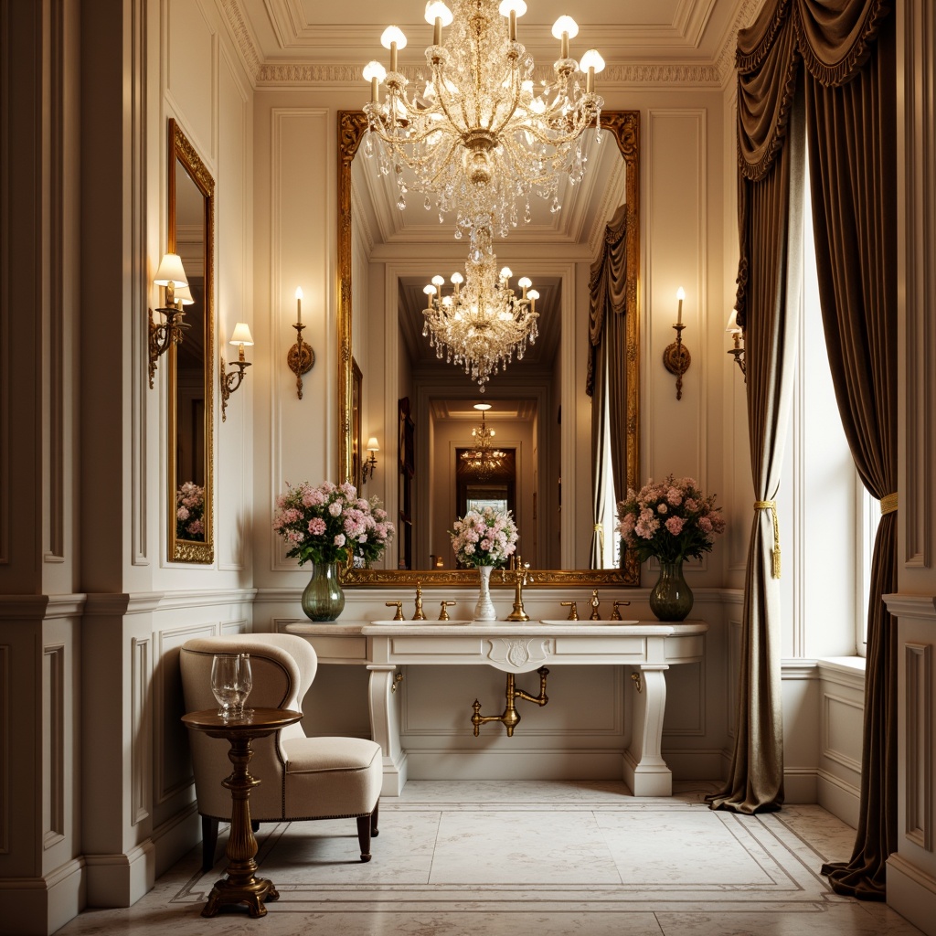 Prompt: Elegant powder room, ornate mirrors, crystal chandeliers, luxurious velvet drapes, antique furniture pieces, intricately carved wooden panels, soft cream-colored walls, marble countertops, golden faucets, ornamental vases, lavish floral arrangements, subtle warm lighting, shallow depth of field, 1/1 composition, realistic textures, ambient occlusion.