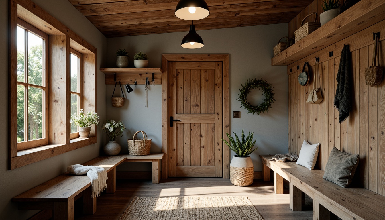 Prompt: Rustic mudroom, earthy tones, natural textures, wooden accents, industrial metal fixtures, pendant lighting, exposed bulbs, warm soft glow, ambient illumination, practical task lighting, waterproof materials, durable finishes, country-inspired decor, cozy atmosphere, functional layout, ample storage, rustic wooden benches, woven baskets, distressed finishes, vintage accessories.