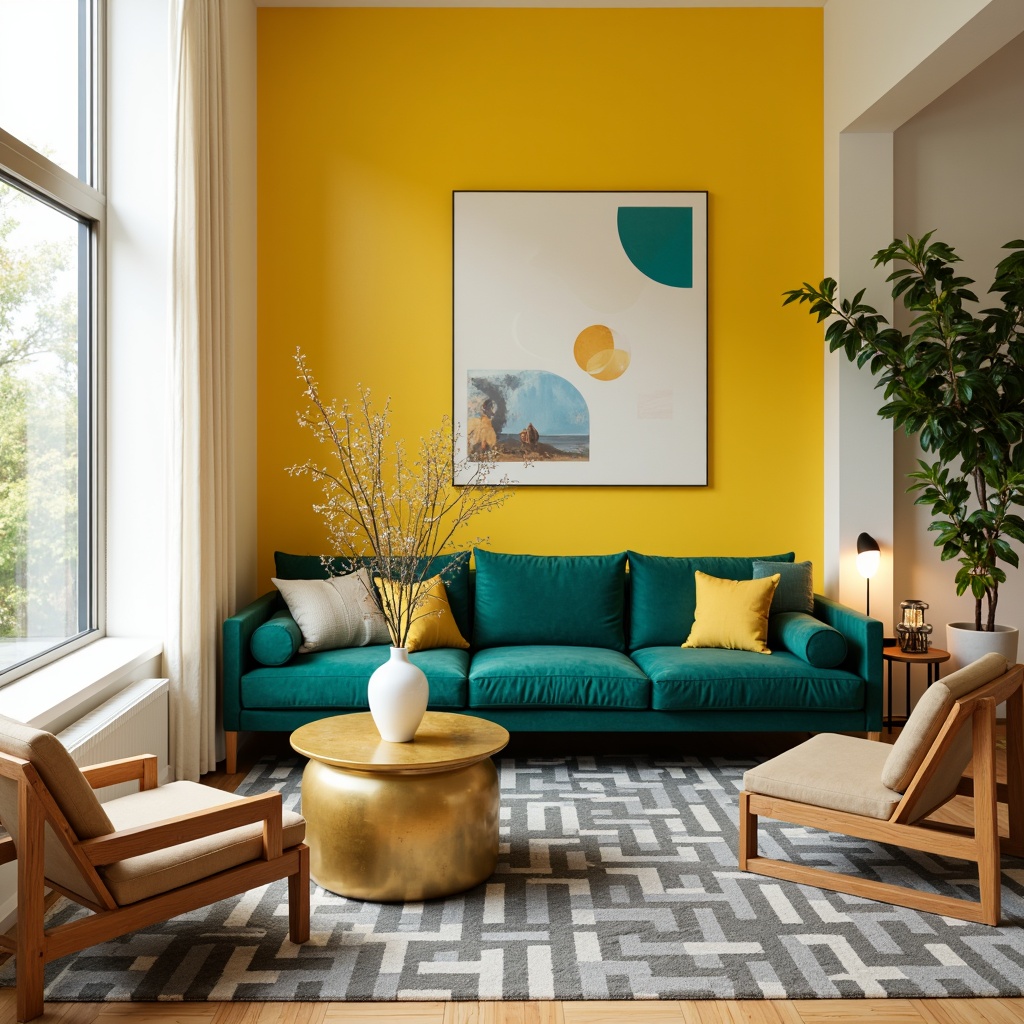 Prompt: Vibrant living room, bold yellow accent wall, rich turquoise furniture, plush emerald green velvet sofa, geometric patterned rug, metallic gold coffee table, abstract artwork, floor-to-ceiling windows, natural light pouring in, sheer white curtains, modern minimalist decor, sleek low-profile chairs, warm beige flooring, cozy reading nook, task lamp lighting, 1/1 composition, soft focus blur, realistic textures, ambient occlusion.