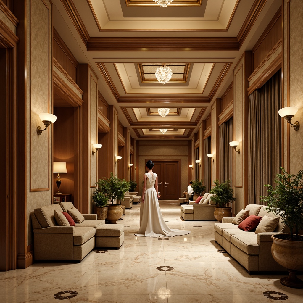 Prompt: Elegant hotel lobby, rich wood accents, ornate furnishings, creamy marble floors, warm beige walls, luxurious velvet drapes, antique bronze fixtures, crystal chandeliers, soft golden lighting, intimate seating areas, refined classic columns, subtle texture variations, muted earthy tones, calming atmosphere, 1/1 composition, shallow depth of field, realistic reflections.