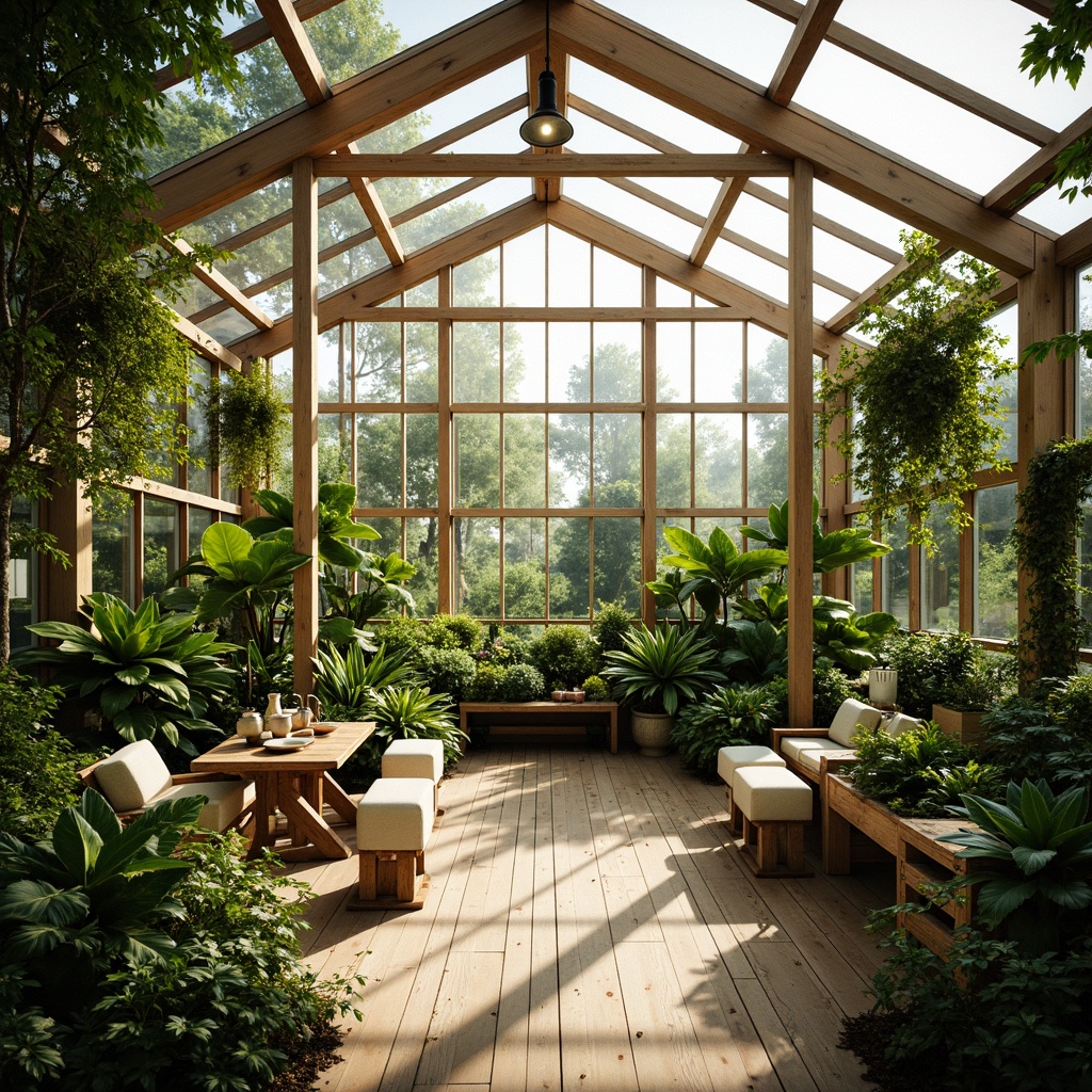 Prompt: Lush greenery, natural light, Scandinavian style greenhouse, wooden frames, glass roofs, minimal decorations, Nordic-inspired furniture, pastel color palette, soft warm lighting, morning sunbeams, gentle shadows, organic textures, earthy tones, botanical gardens, tropical plants, vines crawling walls, misting systems, humid climate control, 1/1 composition, realistic reflections, shallow depth of field.