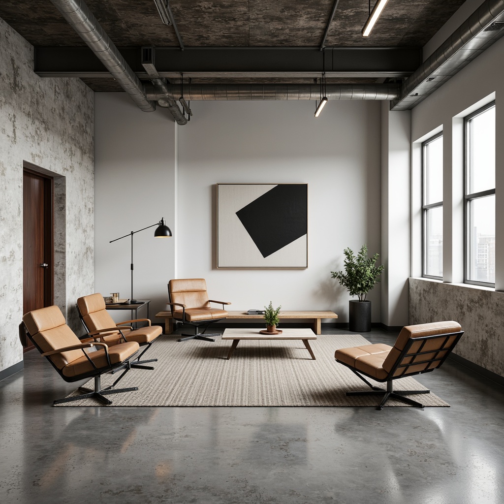 Prompt: Geometric shapes, industrial materials, functional furniture, minimalist decor, steel frames, leather upholstery, wooden accents, tubular chairs, adjustable lamps, geometric patterns, monochromatic color scheme, neutral tones, urban loft space, open floor plan, natural light, concrete floors, metal beams, exposed ductwork, modernist architecture, clean lines, simplicity, functionality, Bauhaus-inspired interior design, abstract artwork, industrial chic aesthetic.