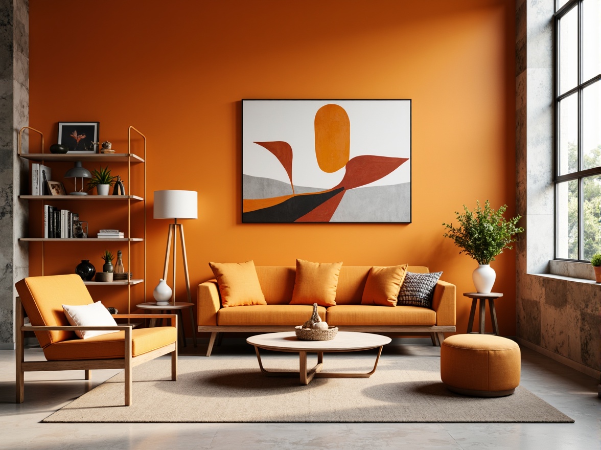 Prompt: Vibrant tangerine accents, modern furniture design, sleek lines, bold color blocking, geometric patterns, abstract artwork, minimalist decor, Scandinavian-inspired interior, natural wood tones, matte finishes, creamy whites, industrial chic, urban loft atmosphere, dramatic shadows, high contrast lighting, 1/1 composition, shallow depth of field, realistic textures.