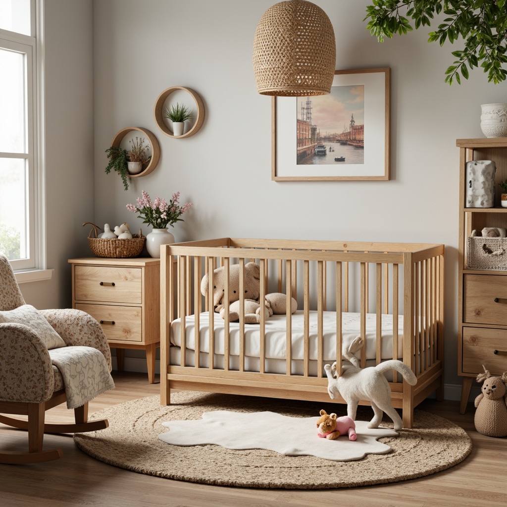 Prompt: Cozy baby nursery, wooden crib, plush toys, soft pastel colors, natural textures, woven baskets, vintage decor, rustic wood accents, distressed finishes, earthy tones, warm ambient lighting, shallow depth of field, 1/1 composition, realistic fabrics, subtle patterns, gentle color palette, whimsical wall art, eclectic accessories, functional storage units, comfortable glider rocker, lush greenery, blooming flowers.