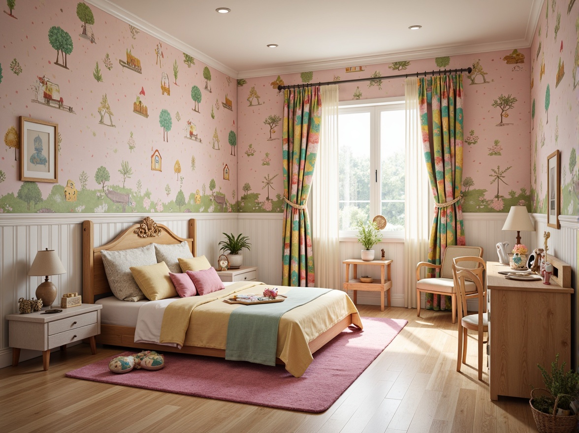 Prompt: Whimsical children's bedroom, soft pastel colors, playful polka dots, fairy tale-inspired wallpaper, plush toys, colorful bedding, vibrant curtains, wooden furniture, carved decorations, intricate moldings, creamy white trim, warm cozy lighting, shallow depth of field, 1/1 composition, realistic textures, ambient occlusion.