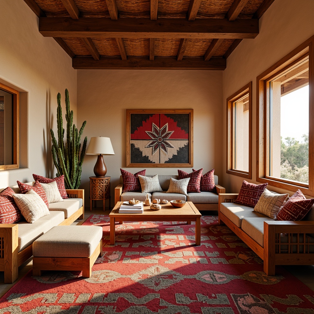 Prompt: Southwestern-style living room, vibrant woven textiles, bold geometric patterns, earthy color palette, rustic wooden furniture, plush throw pillows, Navajo-inspired rugs, natural fiber upholstery, terracotta pottery, adobe architecture, warm desert lighting, shallow depth of field, 1/1 composition, realistic textures, ambient occlusion.