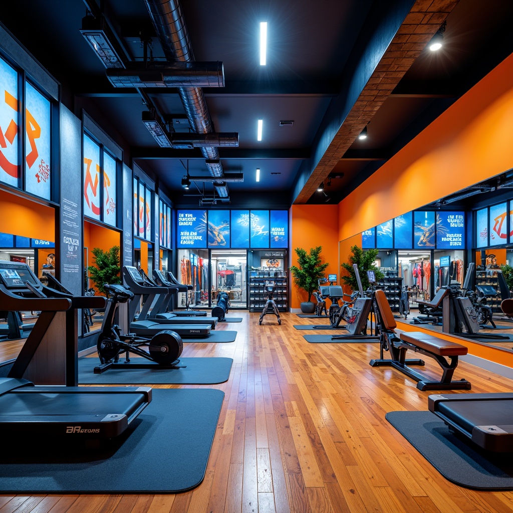 Prompt: Invigorating fitness studio, energetic color scheme, bold orange accents, calming blue tones, sleek metal equipment, mirrored walls, polished wooden floors, motivational quotes, modern LED lighting, high-contrast shadows, shallow depth of field, 1/2 composition, dynamic camera angles, realistic reflections, ambient occlusion.