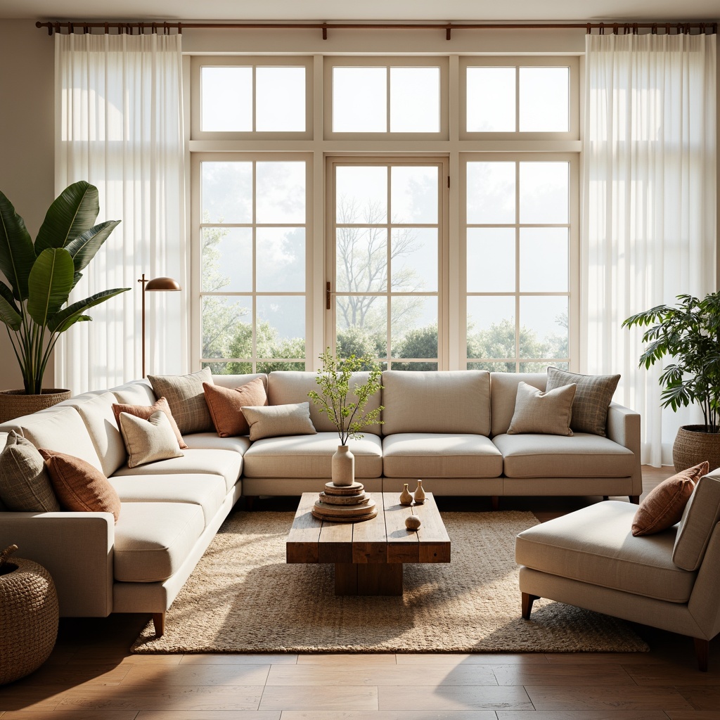 Prompt: Cozy living room, plush sofas, velvet armchairs, reclaimed wood coffee tables, minimalist decor, soft pastel colors, natural textiles, woven baskets, potted plants, floor-to-ceiling windows, sheer white curtains, warm ambient lighting, 1/1 composition, shallow depth of field, realistic textures, inviting atmosphere, luxurious fabrics, ergonomic designs.