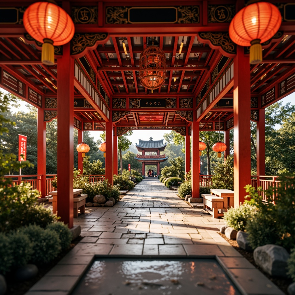 Prompt: Vibrant traditional lanterns, intricately carved wooden doors, ornate ceramic tiles, majestic pagoda-inspired architecture, lush greenery, serene water features, tranquil koi ponds, natural stone pathways, elegant calligraphy, vibrant red accents, festive celebrations, warm golden lighting, shallow depth of field, 3/4 composition, panoramic view, realistic textures, ambient occlusion.