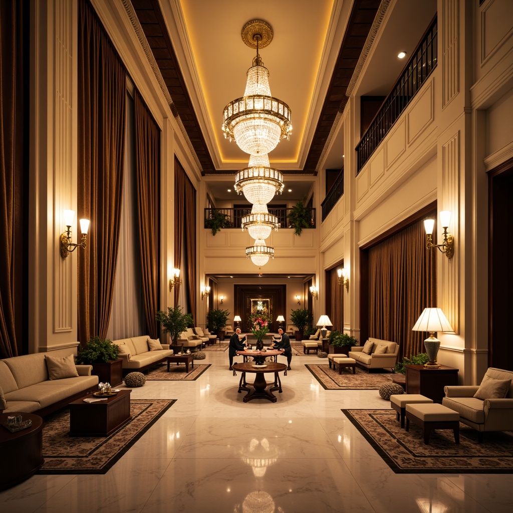 Prompt: Luxurious hotel lobby, grand chandeliers, rich velvet drapes, ornate wooden paneling, intricate moldings, elegant furniture, plush carpets, subtle patterned textiles, soft golden lighting, warm beige tones, classical columns, marble floors, crystal sconces, refined upholstery, sophisticated color palette, serene ambiance, shallow depth of field, 1/1 composition, realistic textures, ambient occlusion.