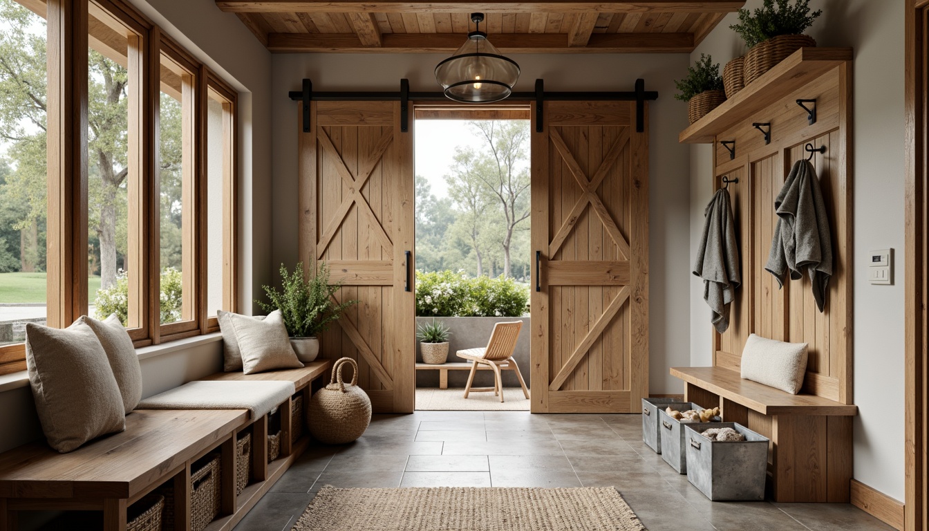 Prompt: Rustic farmhouse mudroom, reclaimed wood accents, galvanized metal storage bins, woven wicker baskets, natural stone flooring, earthy color palette, vintage-inspired metal hooks, wooden bench with storage, sliding barn doors, exposed ceiling beams, soft warm lighting, 1/1 composition, realistic textures, ambient occlusion.