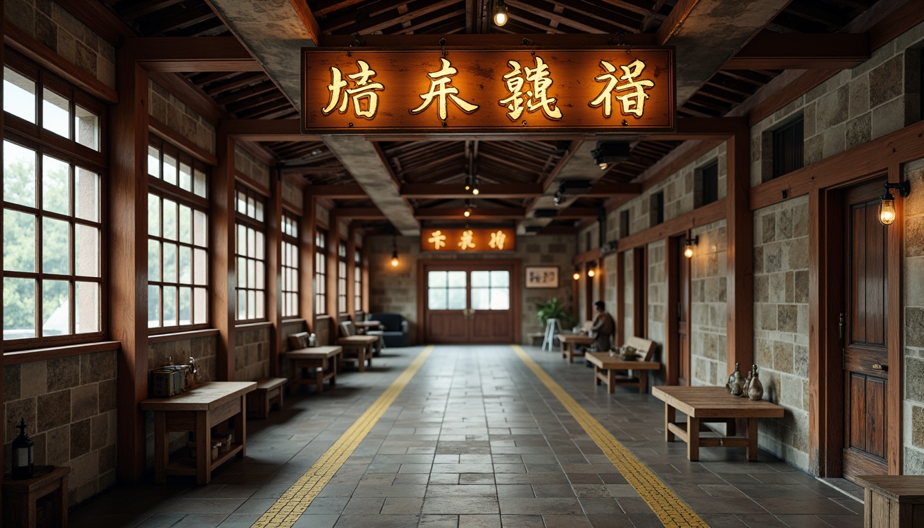 Prompt: Rustic bus station, vintage signage, distressed wood textures, classic font styles, ornate metal fixtures, nostalgic color palette, warm soft lighting, aged stone walls, traditional Chinese architecture, intricate ceramic tiles, symmetrical composition, shallow depth of field, 1/2 camera angle, realistic reflections, ambient occlusion.