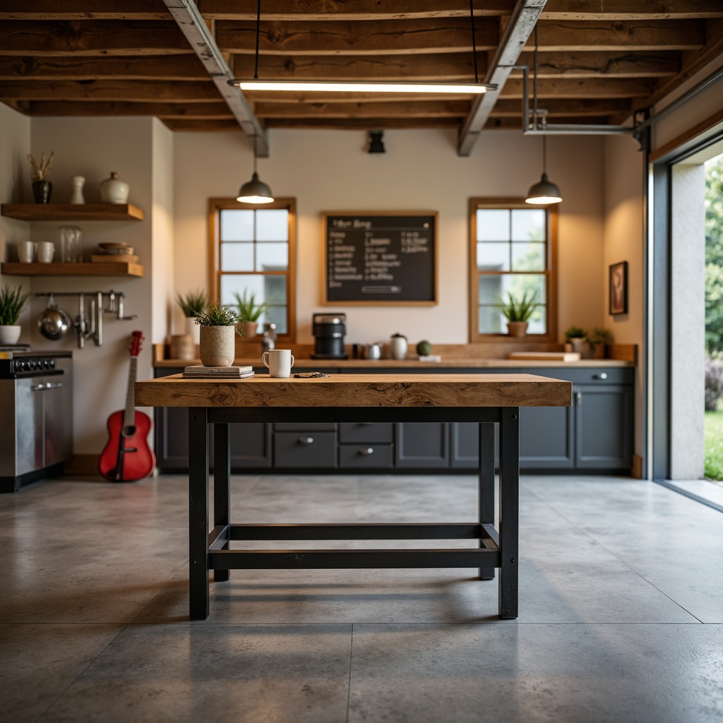 Prompt: Sleek metal workbench, minimalist design, industrial chic aesthetic, reclaimed wood accents, steel legs, adjustable height settings, built-in tool storage, rustic concrete floor, exposed ceiling beams, pendant lighting, warm beige walls, modern garage setting, organized workspace, ample natural light, shallow depth of field, 1/1 composition, realistic textures.