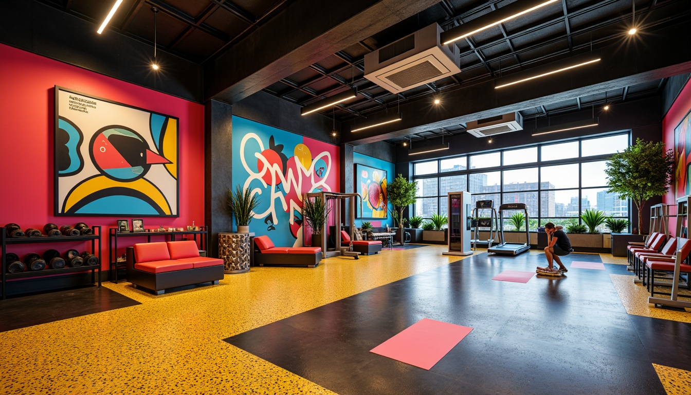 Prompt: Vibrant fitness club, Terrazzo flooring, bold geometric patterns, bright contrasting colors, dynamic angular lines, expressionist art-inspired murals, modern abstract sculptures, industrial-style exercise equipment, sleek metal beams, exposed ductwork, high ceilings, urban loft atmosphere, natural light pouring in, dramatic spotlights, 1/1 composition, shallow depth of field, realistic textures, ambient occlusion.