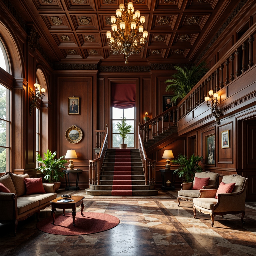 Prompt: Renaissance-inspired interior, ornate furnishings, luxurious fabrics, intricate carvings, grand chandeliers, dark wood tones, rich textures, polished marble floors, inlaid stone patterns, warm golden lighting, soft focus, shallow depth of field, 1/1 composition, elegant archways, sweeping staircases, lavish decor, vintage accessories.