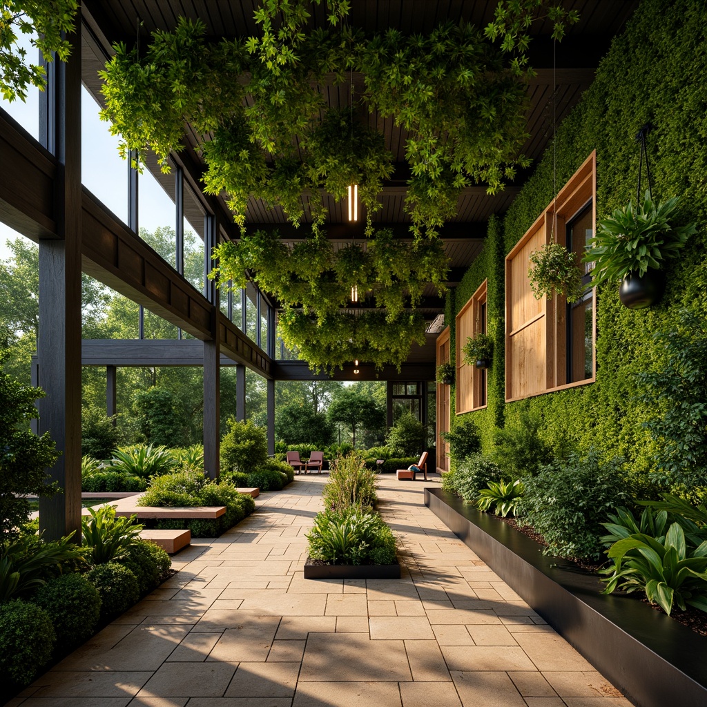 Prompt: Vibrant green walls, living plant installations, natural stone flooring, reclaimed wood accents, earthy tone color palette, lush foliage, tropical plants, hanging planters, botanical patterns, organic shapes, soft warm lighting, shallow depth of field, 3/4 composition, realistic textures, ambient occlusion.