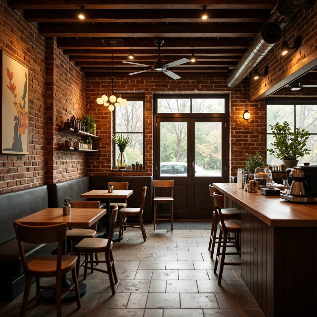 Prompt: Cozy coffee shop interior, exposed brick walls, reclaimed wood accents, warm earthy tones, industrial-chic metal beams, rustic wooden tables, comfortable cushioned chairs, pendant lamps, soft warm lighting, inviting atmosphere, natural stone flooring, rich aroma of freshly brewed coffee, bustling morning vibe, shallow depth of field, 1/1 composition, realistic textures, ambient occlusion.