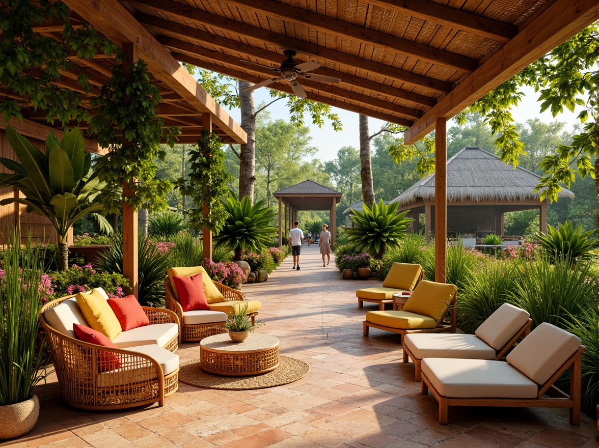 Prompt: Vibrant tropical interior, lush greenery, exotic flowers, warm wooden accents, natural rattan furniture, woven textiles, bright coral hues, sunny yellow tones, calming turquoise shades, rich terracotta earthy tones, soft creamy whites, warm golden lighting, shallow depth of field, 1/1 composition, realistic textures, ambient occlusion.