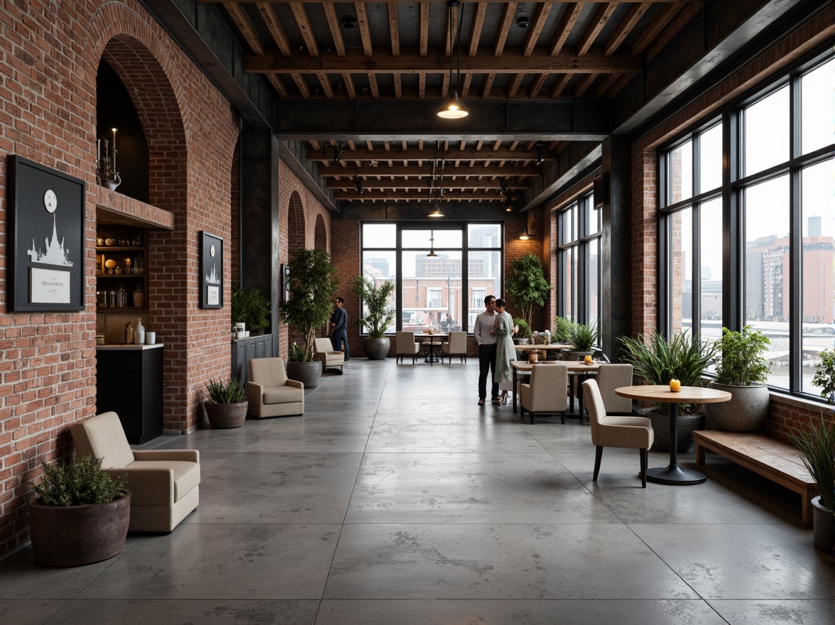 Prompt: Exposed brick walls, polished concrete floors, industrial metal beams, reclaimed wood accents, minimal ornamentation, monochromatic color scheme, sparse greenery, pendant lighting fixtures, steel-framed windows, functional decor, distressed textures, urban cityscape views, cloudy day, soft natural light, shallow depth of field, 1/1 composition, realistic renderings, ambient occlusion.