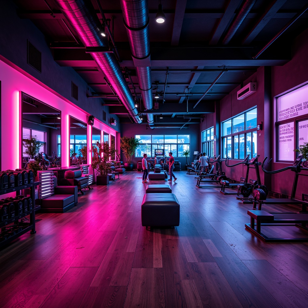 Prompt: Vibrant fitness club, dynamic lighting effects, high-intensity workout areas, energizing color schemes, neon-lit mirrors, LED strip lights, suspended ceiling fixtures, dark wood accents, polished metal equipment, motivational quotes, industrial-chic decor, urban loft atmosphere, dramatic shadows, contrasting light levels, 1/1 composition, realistic textures, ambient occlusion.