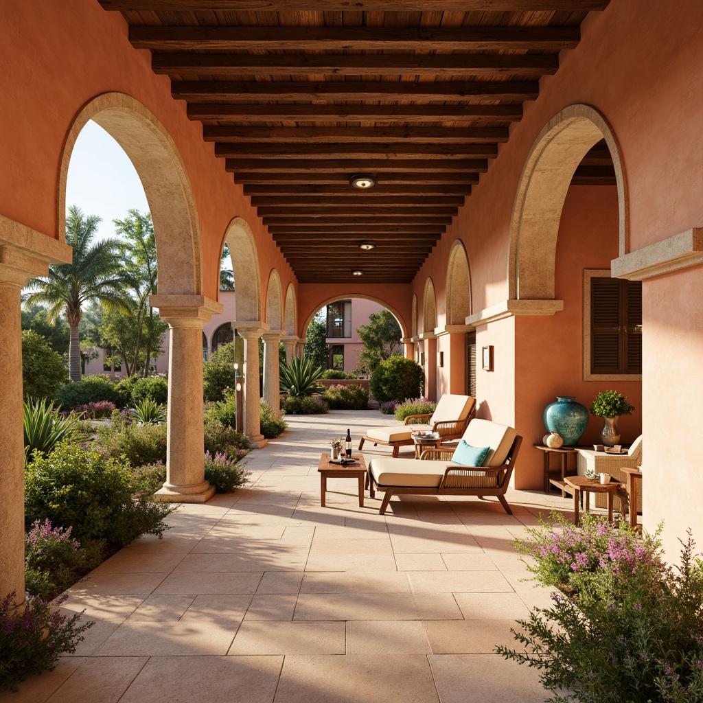 Prompt: Warm Mediterranean villa, earthy terracotta walls, soft sandy beige floors, turquoise accents, creamy white archways, rustic wooden beams, lush greenery, natural stone textures, warm golden lighting, shallow depth of field, 1/2 composition, vibrant colorful ceramics, ornate metalwork, distressed finishes, cozy nooks, intimate seating areas.