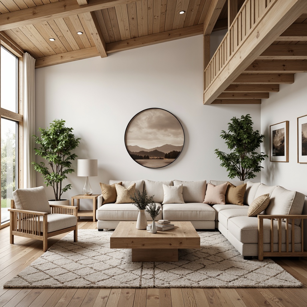 Prompt: Cozy living hall, Scandinavian wooden furniture, minimalist decor, natural materials, warm beige tones, soft plush carpets, modern sectional sofas, sleek coffee tables, geometric patterned rugs, Nordic-inspired wall art, rustic wooden accents, floor-to-ceiling windows, abundant natural light, airy feel, 1/1 composition, shallow depth of field, realistic textures, ambient occlusion.