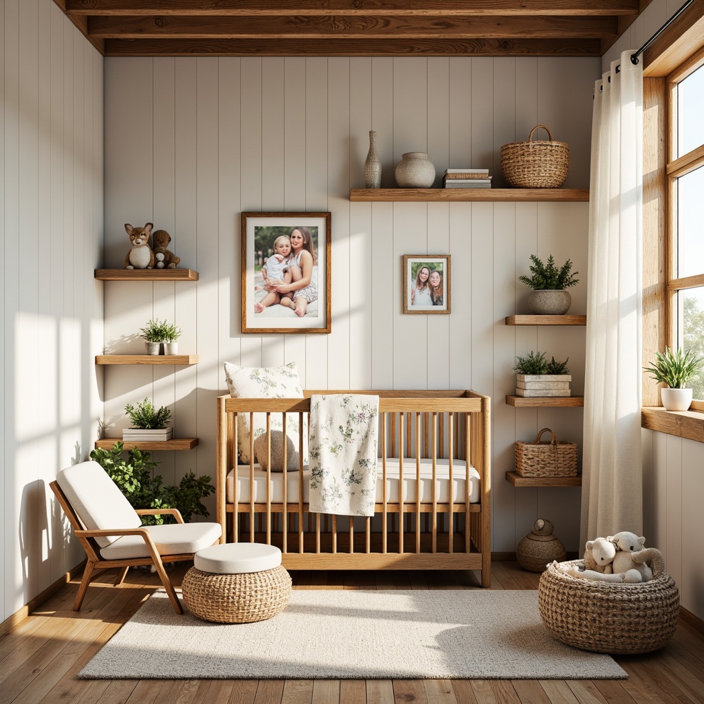 Prompt: Rustic baby nursery, vintage farmhouse decor, distressed wood accents, soft pastel colors, floral patterns, burlap fabrics, natural textures, woven baskets, reclaimed wood shelves, wooden crib, plush toys, framed family photos, white shiplap walls, wooden ceiling beams, cozy reading nook, warm golden lighting, shallow depth of field, 1/2 composition, soft focus, realistic rendering.