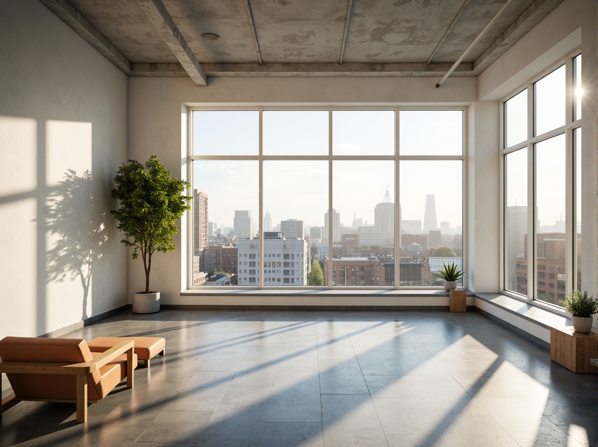 Prompt: Minimalist building, large windows, natural light pouring in, open floor plan, white walls, polished concrete floors, industrial chic aesthetic, urban cityscape, morning sunlight, soft warm glow, subtle shadows, 1/1 composition, shallow depth of field, realistic textures, ambient occlusion, sparse greenery, potted plants, sleek metal accents, modern furniture pieces, geometric shapes, simple color palette.