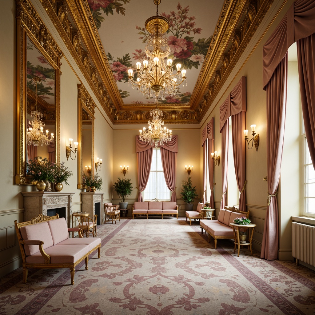 Prompt: Opulent palace interior, gold leaf accents, ornate mirrors, delicate chandeliers, soft cream walls, rich velvet drapes, lavish furnishings, intricate carvings, pastel color palette, whimsical patterns, luxurious fabrics, subtle sheen, warm candlelight, shallow depth of field, 1/1 composition, romantic ambiance.