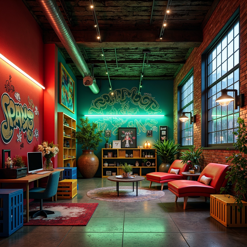 Prompt: Vibrant storage rooms, eclectic mix of bright colors, bold red accents, deep blue tones, neon green hues, yellow metallic shelves, distressed wood textures, industrial metal beams, exposed brick walls, ornate decorative patterns, playful graffiti art, avant-garde lighting fixtures, futuristic LED strips, dynamic 3D shapes, abstract geometric forms, urban loft atmosphere, reclaimed wood crates, vintage industrial machinery, edgy concrete floors, moody atmospheric lighting, cinematic low-angle shots, dramatic chiaroscuro effects.