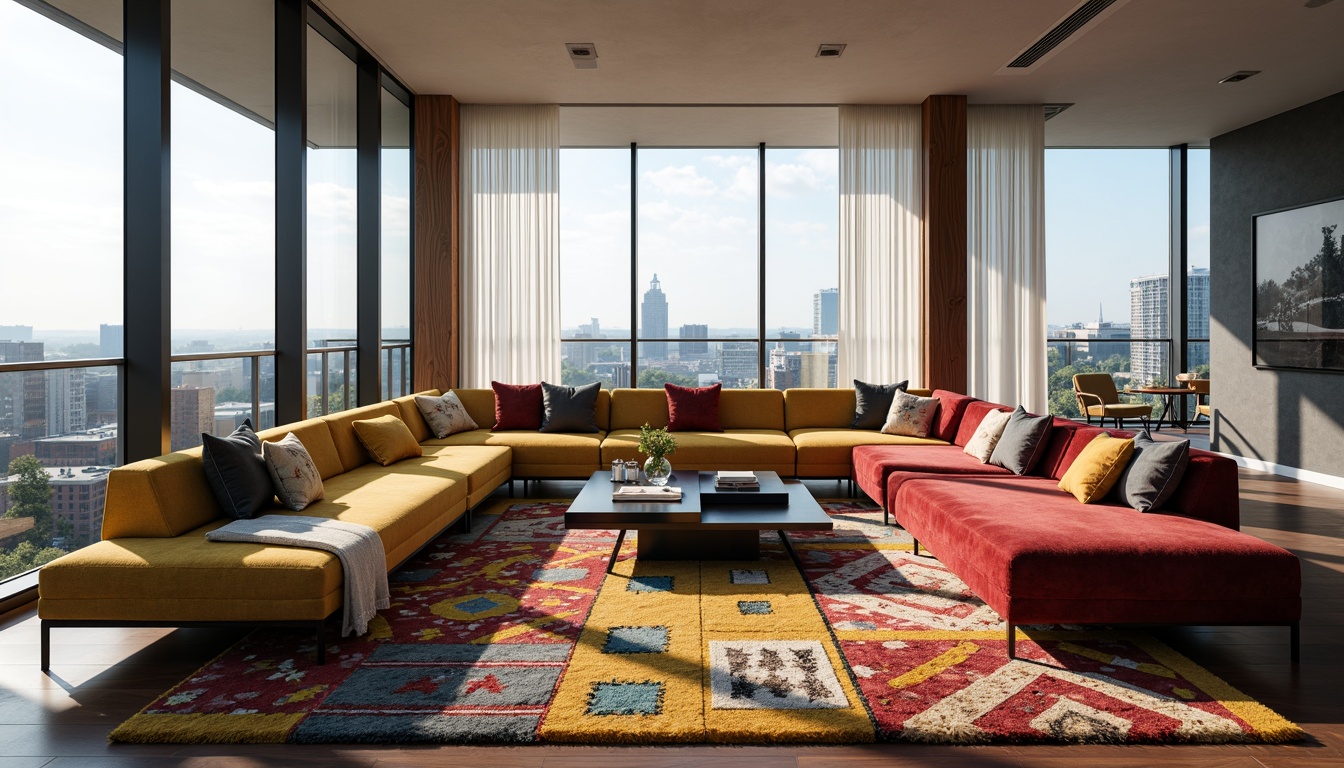 Prompt: Streamlined modern living room, minimalist furniture, sleek low-profile sofas, vibrant colorful textiles, intricate geometric patterns, luxurious velvet fabrics, metallic accents, floor-to-ceiling windows, natural light pouring in, urban cityscape views, subtle ambient lighting, 1/1 composition, shallow depth of field, realistic renderings, soft box shadows.