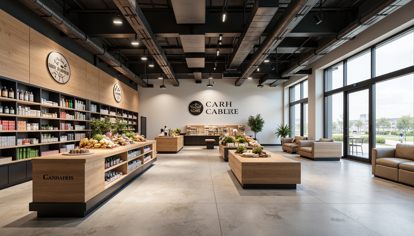 Prompt: Minimalist grocery store interior, neutral color palette, polished concrete floors, sleek metal shelves, industrial lighting fixtures, open ceiling design, exposed ductwork, modern product displays, geometric signage, wooden accent walls, subtle branding elements, Scandinavian-inspired furniture, plenty of natural light, airy atmosphere, shallow depth of field, 3/4 composition, realistic textures, ambient occlusion.