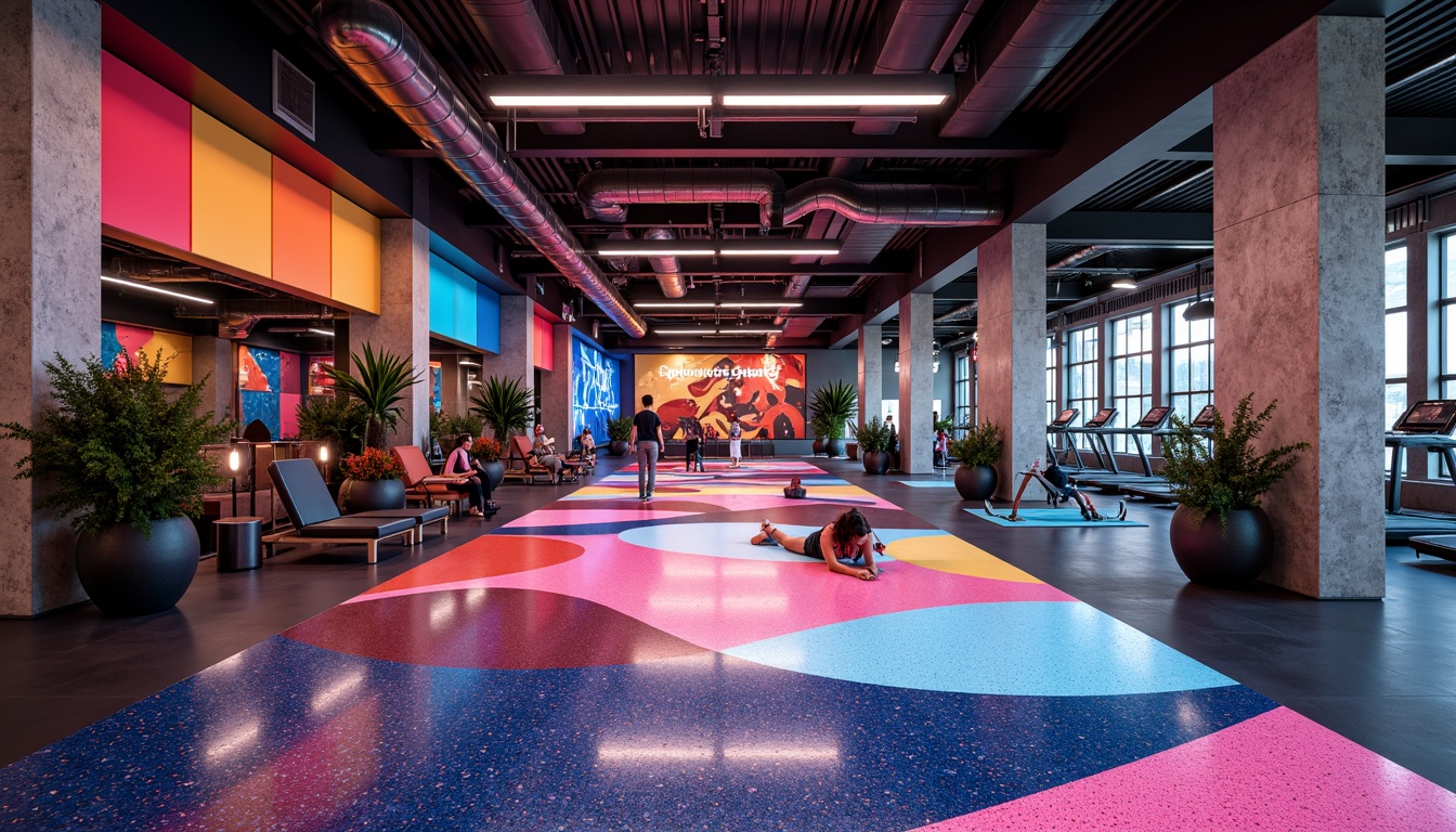 Prompt: Vibrant fitness club interior, Terrazzo flooring with bold geometric patterns, expressionist-inspired color scheme, abstract artwork, dynamic lighting, industrial metal beams, exposed ductwork, modern exercise equipment, free weights, strength training machines, cardio machines, yoga mats, mirrored walls, high ceilings, urban loft atmosphere, gritty concrete columns, reclaimed wood accents, neon signs, futuristic ambiance, 1/1 composition, dramatic shadows, intense contrast, cinematic lighting.